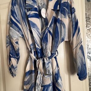 Luxxel Blue & Cream Watercolor-Print Belted Robe
